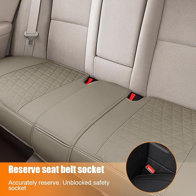 Leather Car Seat Cover, Vehicle Rear Bottom Seat Protector Pad, Full Surrounded Waterproof Auto Seat Protective Cushion with Storage Pocket, Universal Fit（Beige）