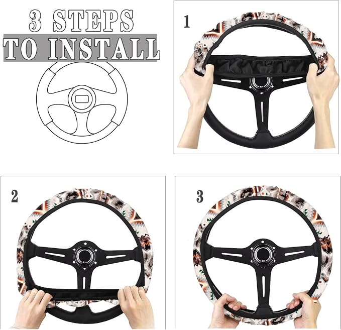 Wanyint Car Steering Wheel Cover Universal 15 Inch Steering Wheel Wrap Anti-Slip Soft Elastic Decorative Auto Accessories All Weather Protection, Aztec Gray Leopard Print