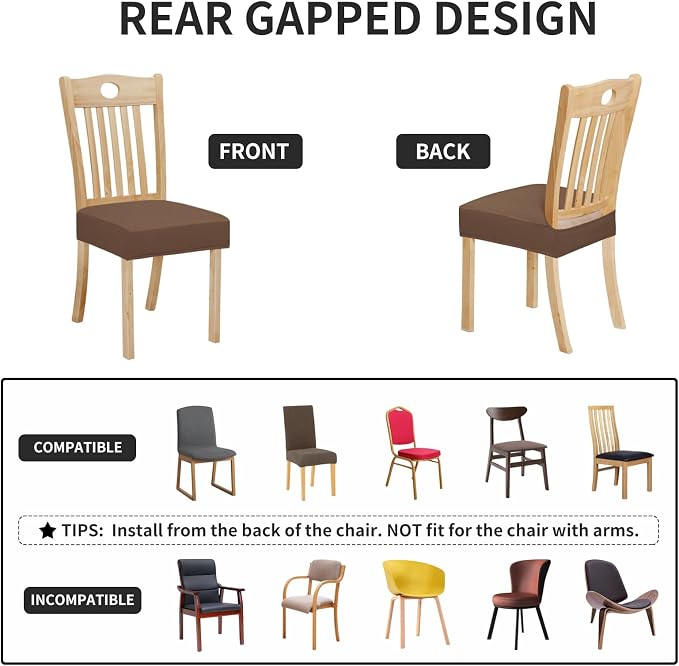 Easy-Going 100% Waterproof Seat Covers for Dining Room Chairs Set of 2, Stretch Chair Seat Slipcovers Protector Removable and Washable Kitchen Dining Chair Covers, Brown