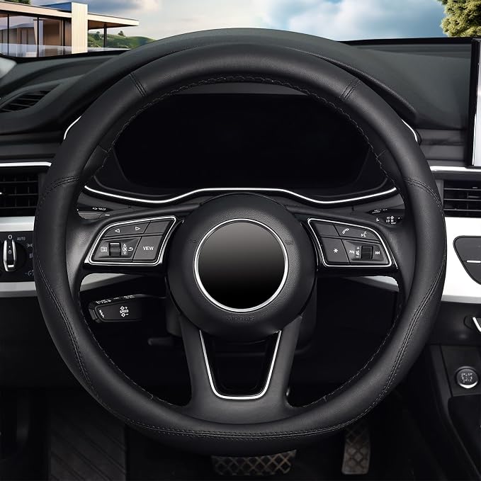 KAFEEK Black Steering Wheel Cover, Universal 15 inch, Microfiber Leather Black, Soft and Odorless, Durable Leather Cover with Anti-Slip Lining