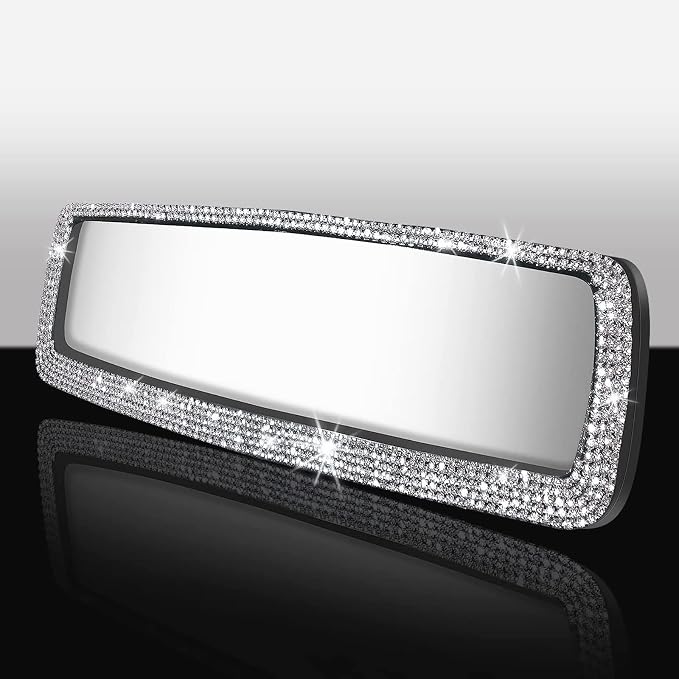 Bling Rear View Mirror Car Accessories, Sparkling Diamond Rear View Mirror Cover with 2 PCS Universal Car Hooks, Cute Car Bling Accessories for Women