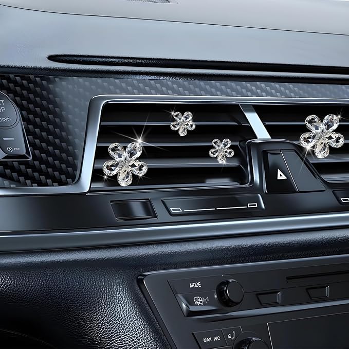 5PCS Bling Flower Car Air Vent Clips, Crystal Rhinestone Vehicle Air Conditioning Outlet Clip, Diamond Automotive Interior Decoration Charm, Universal for Automobile RV Truck (White)