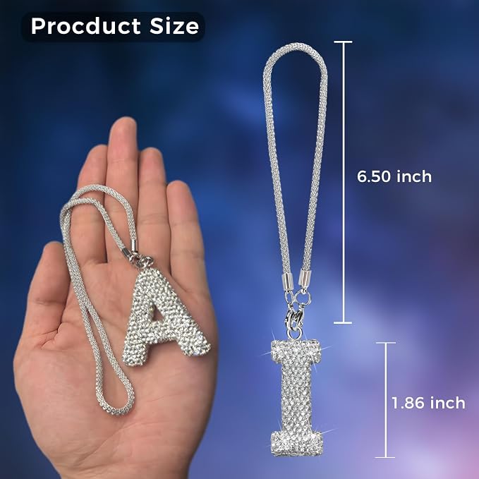 Bling Car Accessories for Women Letter Charm, Rear View Mirror Ornament Cute Hanging Crystal Pendant Girl Car Decorations, Lucky Diamond Rhinestone Girly Charm Interior (White I)