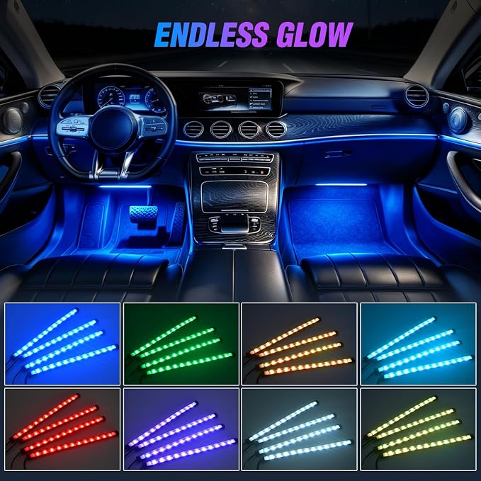 Nilight 48 LEDs DC 5V Multicolor Music Car Strip Light Under Dash Lighting Kit with Sound Active Function and Wireless Remote Control, 2 Years Warranty, 4PCS USB Interior Lights