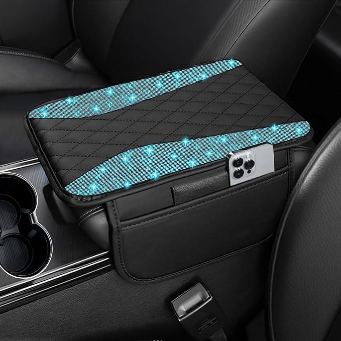 NBTEPEM Bling Car Center Console Cover, Leather Middle Console Cover with 2 Storage Bags, Universal Arm Rest Cover Protector, Bling Car Accessories Interior Fit for Most Vehicles, Aquamrine Diamond