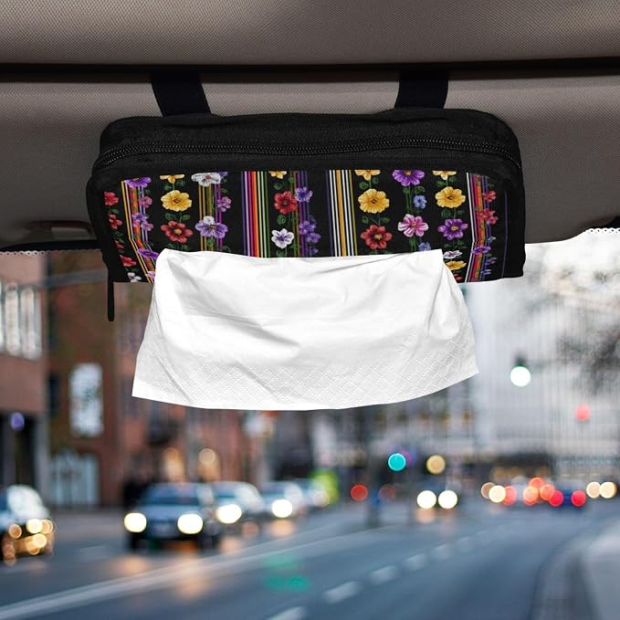 Mexican Purple Flower Stripe Car Tissue Holder Durable Napkin Holder Hanging Tissue Holders Case Car Tissues Bag for Sun Visor Seat Back Universal Auto