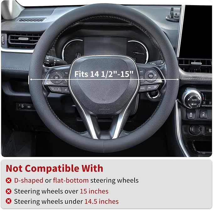 Uxcer Nappa Leather Steering Wheel Cover, Universal 14.5–15 Inch Non-Slip Breathable Steering Wheel Cover for Cars, Black