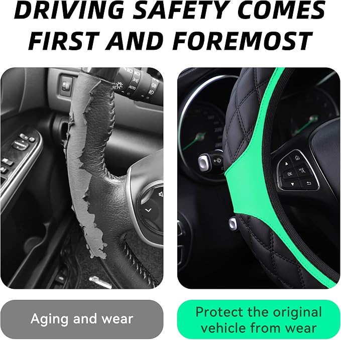 15 Inch Car Leather Steering Wheel Cover, Automotive Accessories Elastic Breathable Anti-Slip Soft Wheel Protector Fits Men and Women, Suitable for SUVs, Trucks, Vehicles and RVs (Green)