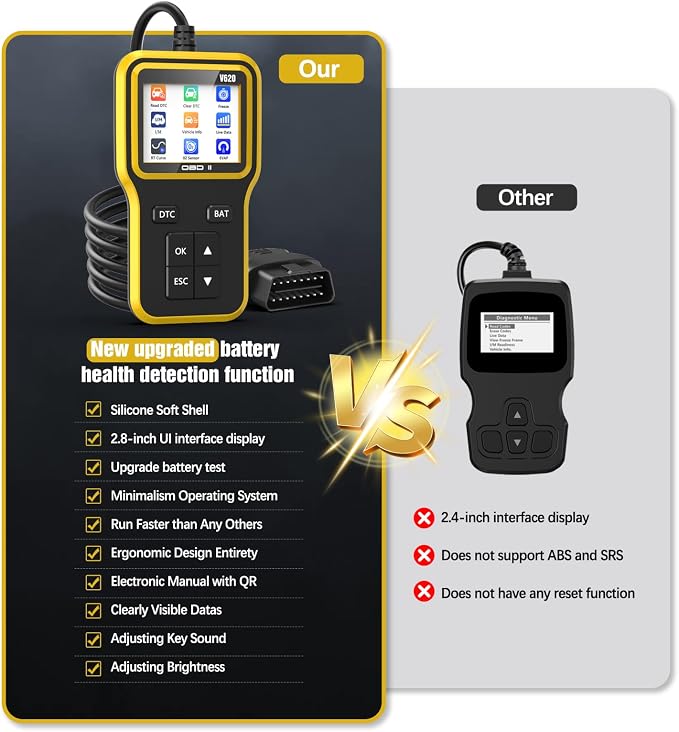 OBD2 Scanner with Upgrade Battery Tester - Diagnostic Tool for Cars That Check Engine Light & Emissions Readiness Read and Clears Vehicle Error Codes for All OBD II Protocol Vehicles Since 1996 Yellow