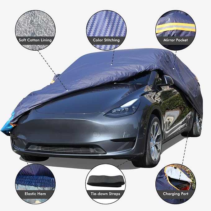 Tesla Model 3 Car Cover Waterproof All Weather, 6 Layers Outdoor Full Exterior Cover Rain Sun UV Snowproof Protection with Zipper Cotton, Mirror Pocket and Charging Port