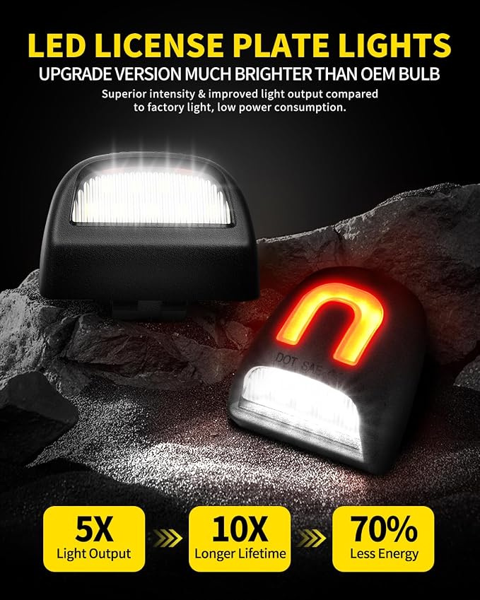 White LED License Plate Lights with Red U-shaped Light Strip Rear Bumper Tag Lamp Assembly Compatible with Chevrolet Silverado Suburban Tahoe GMC Sierra 1500 2500 3500 Yukon XL, Pack of 2