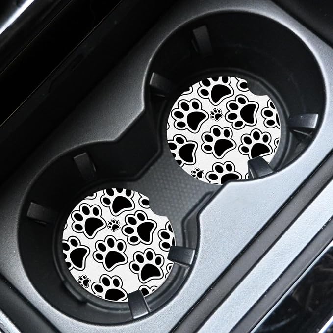 2pcs Black Dog Paw Print Car Coasters,Absorbent Universal neoprener Cup Holder Coasters with a Finger Notch,Car Accessories for Women&Man Interior，2.75"