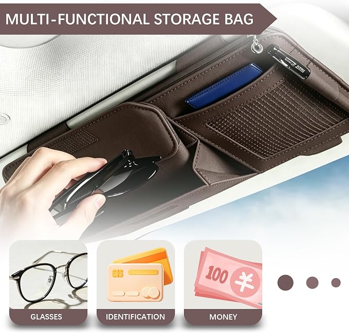 Car Sun Visor Organizer, Visor Accessories, Leather Sunvisor Pocket Organizer Case with Multi-Pocket Net Zipper, Waterproof Auto Sunshade Organizer Bag for Card Pen Sunglasses Document (Brown)