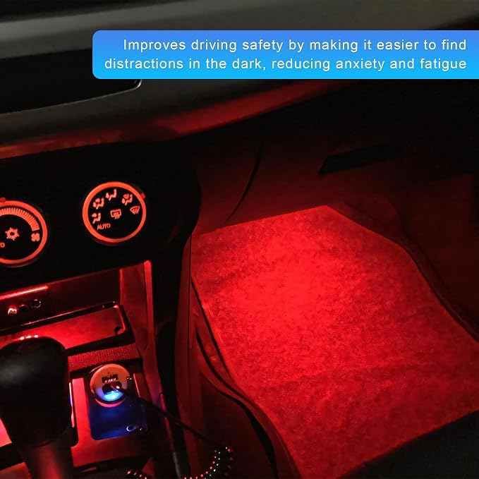 Car LED Strip Light, 12V 24 LEDs RGB Car Interior Atmosphere Lamp with USB Port, Vehicle Under Dash Floor Ambient Night Decorative Lighting Kit (Red)