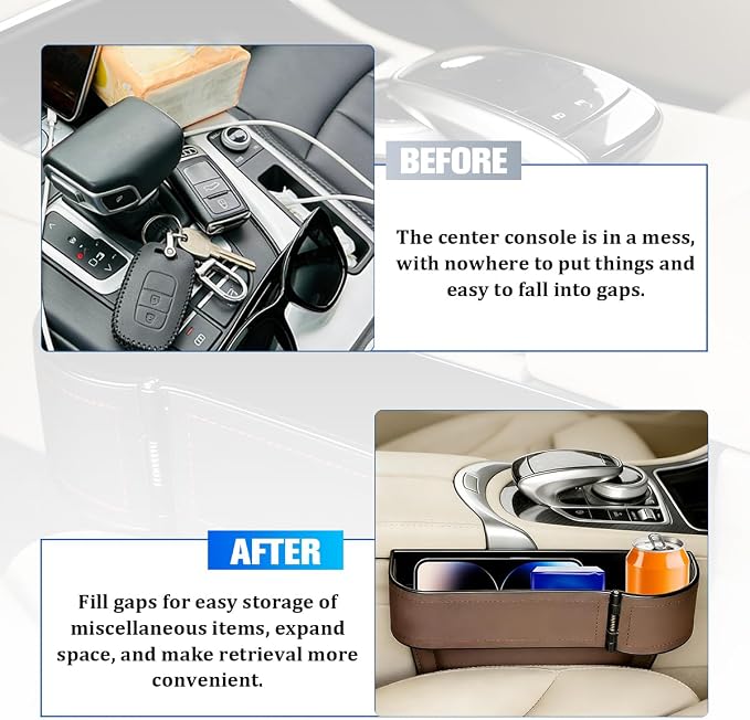Car Seat Gap Filler Organizer with Cup Holder Expander, Leather Console Seam Filler Storage Box, Auto Front Seat Gap Organizer for Phones Keys Glasses, Universal Fit (Brown Passenger)