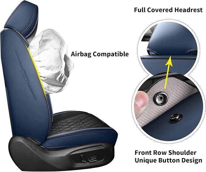Aierxuan 2Pcs Leather Front Car Seat Covers Full Coverage, Black-Blue | Waterproof Universal Fit Jeep Liberty Renegade Compass Buick Encore Envision Ford Ecosport Ranger Maverick Cadillac