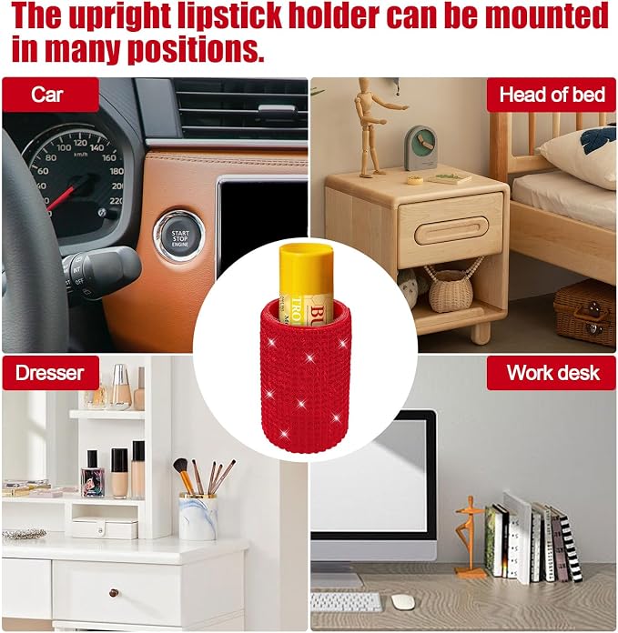 Upright Car Chapstick Holder, Bling Insulating Lip Balm Holder,Rhinestone Car Accessories for Women Interior ,Suitable for Most Vehicles. (Red)