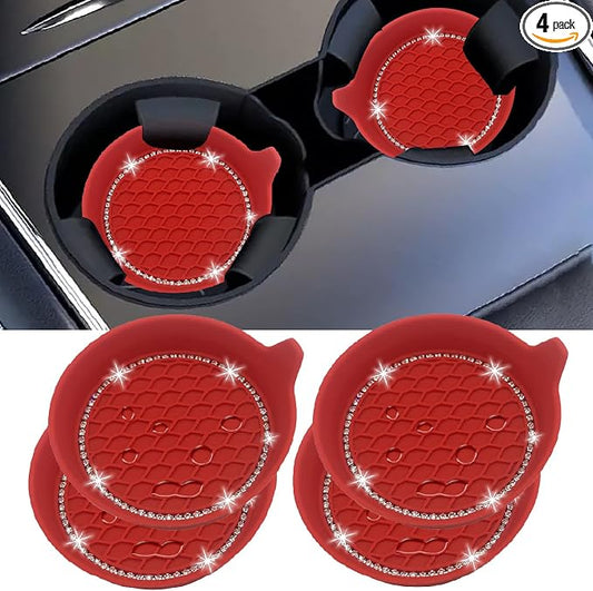 NBTEPEM 4PCS Bling Car Coasters, Non-Slip Insert Water Bottle Holder Pads, Bling Crystal Rhinestone Dustproof Automotive Interior Accessories, Universal for Vehicles, Trucks, RVs (4 pcs, Red)