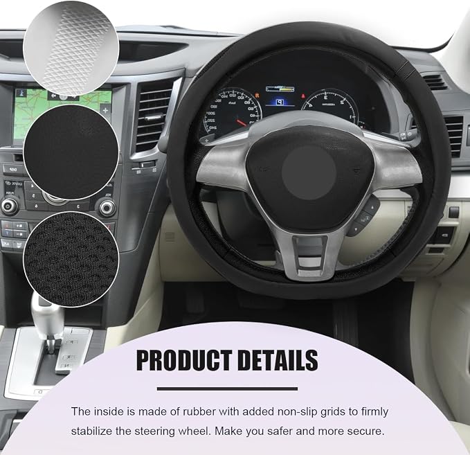 Car Steering Wheel Cover, Leather Breathable Ice Silk Auto Wheel Wrap with Anti-Slip Lining, Scratch-Resistant Elastic Protector Fit for 14.5-15 Inch Steering Wheels (Black)