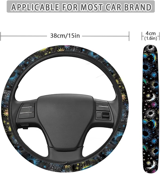 Wanyint Sun Moon Star Blue Car Steering Wheel Cover Universal 15 Inch Breathable Auto Steering Wheel Cover Car Accessory for Women Men