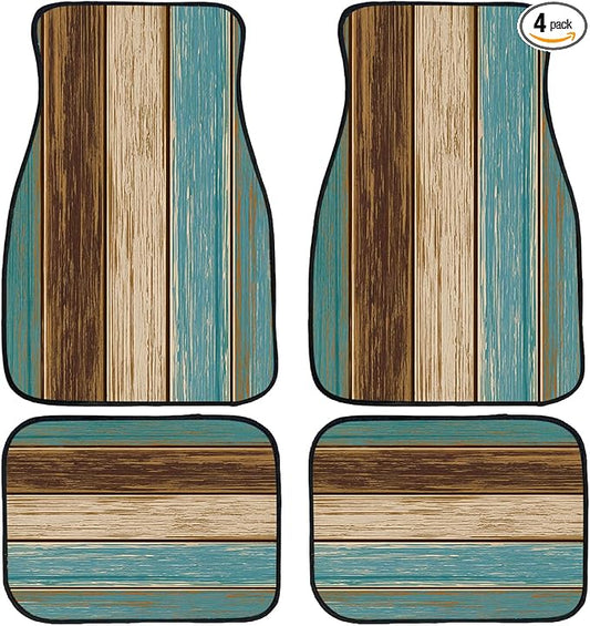 Wood Car Floor Mats Set of 4 Rustic Blue Brown Vintage Plank Automotive Foot Mats Rugs Carpet for Car Non-Slip Auto Car Accessories Universal Fit Car Accessories for Truck