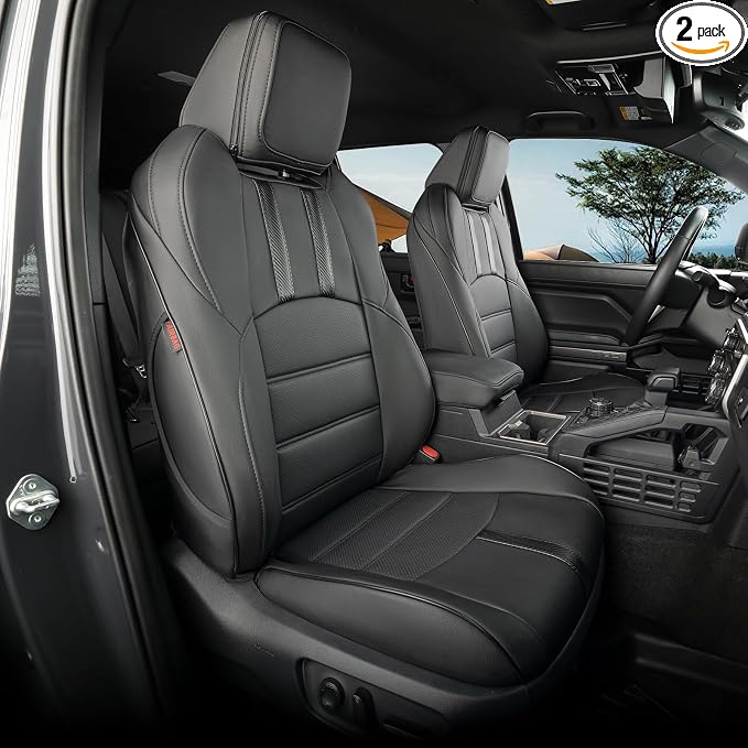 coverdream Tacoma Front Seat Covers for 2016-2023 Toyota Tacoma Double/Crew Cab SR,SR5,TRD Off Road,TRD Pro,TRD Sport,Limited Pickup,Waterproof Leather Car Seat Protector(2-Pack,Black&Carbon Fiber)
