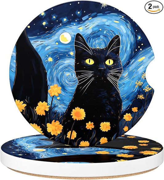 Aiawoxc Car Cup Holder Coasters, 2 Pack Universal Auto Anti Slip Insert Coaster with A Finger Notch, Cup Mat for Most Car Interior, Starry Sky Cat