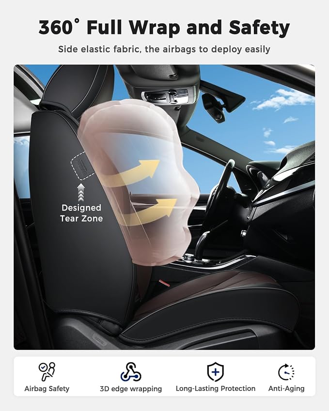 Huidasource Black & Coffee Seat Covers, Universal Fit for Cars SUVs Trucks | Full Coverage Leather Seat Cover, Airbag, Cupholder Compatible, Seat Function Retain, Easy Install with Velcro