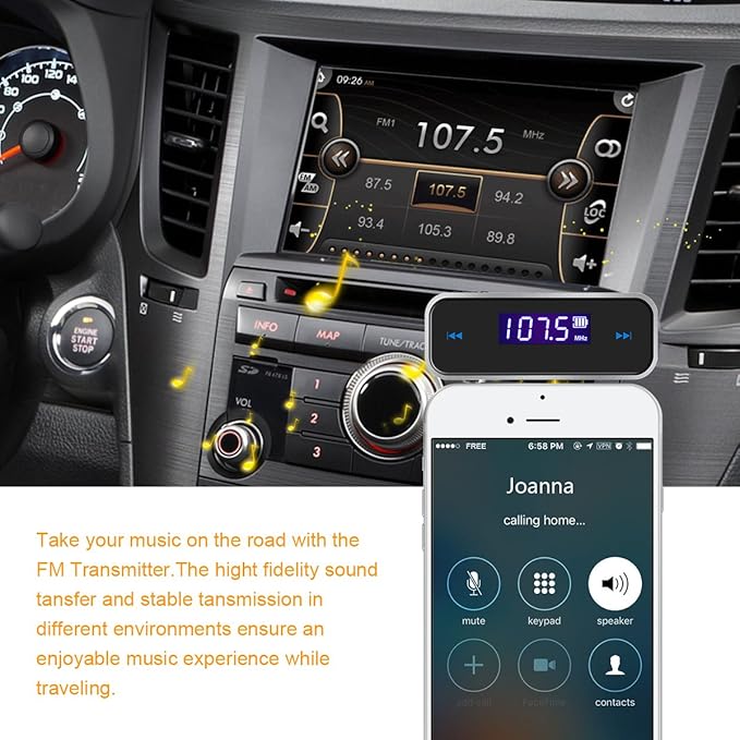 Beinhome FM Transmitter Audio Adapter Car Kit, Wireless in-Car Radio Transmitter Built-in 3.5mm Aux Port for Cars iPhone 6s 5 SE iPod iPad Smart Phones MP3 MP4 Audio Players