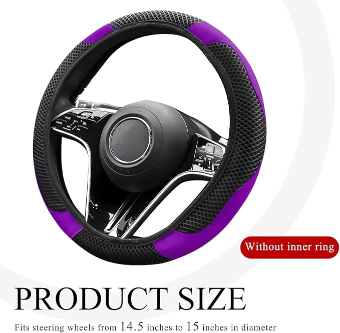 Elastic Stretch Steering Wheel Cover, Warm in Winter and Cool in Summer, Universal 15 inch Microfiber Breathable Ice Silk Anti Slip Car Interior Accessories, Odorless, (Black Purple)