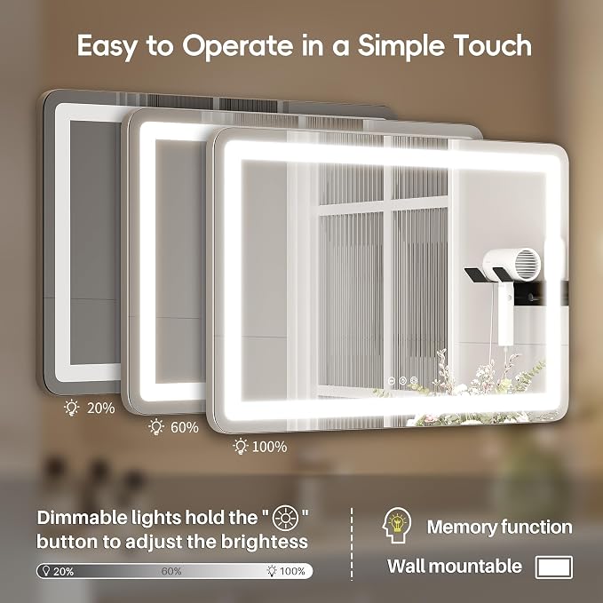 ZL ZELing Vanity Mirror with Lights, 32" x 23", LED Makeup Mirror, Dimmable 3-Color Lighting, 5X Magnification, Touch Screen Control, Wall-Mountable and Tabletop Design