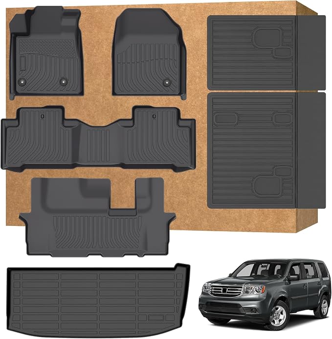 Floor Mats for Honda Pilot 2009-2015 (Fit for EX/EX-L/LX/SE/Touring) | TPE Waterproof Non-Slip All Weather Protection Custom, Floor Mats & Cargo Liner & Seatback Mat (with Velcro)