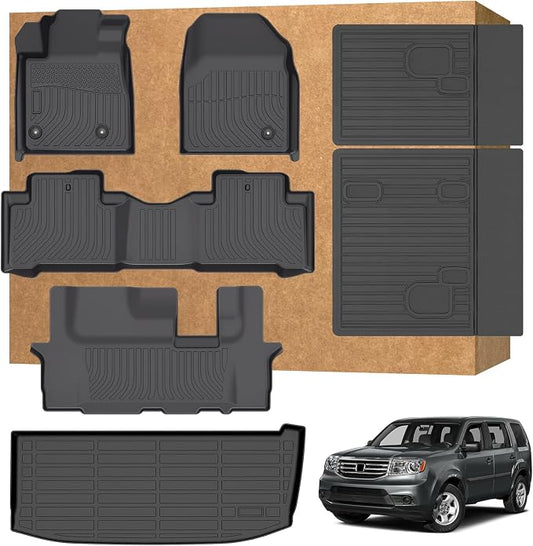 Floor Mats for Honda Pilot 2009-2015 (Fit for EX/EX-L/LX/SE/Touring) | TPE Waterproof Non-Slip All Weather Protection Custom, Floor Mats & Cargo Liner & Seatback Mat (with Velcro)