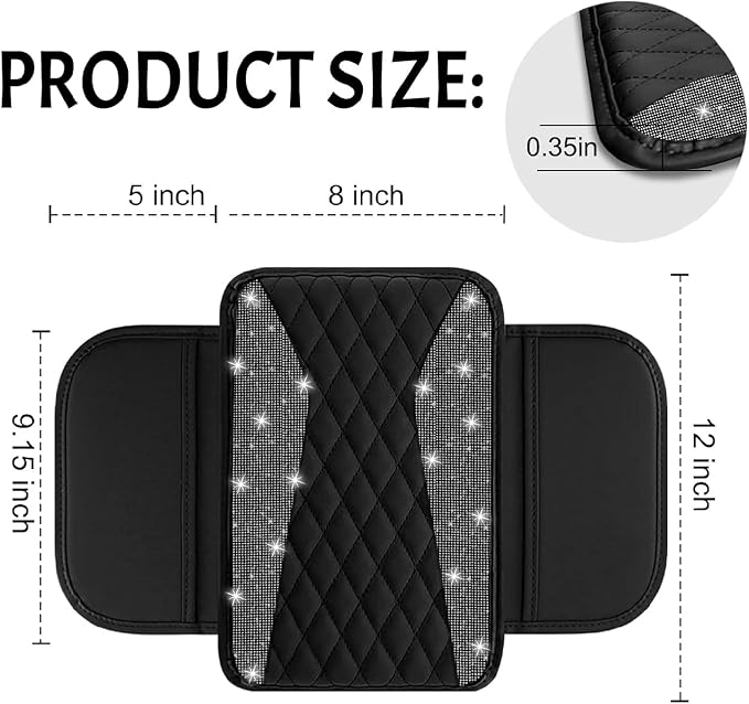 NBTEPEM Bling Car Center Console Cover, Leather Middle Console Cover with 2 Storage Bags, Universal Arm Rest Cover Protector, Bling Car Accessories Interior Fit for Most Vehicles, Black Diamond