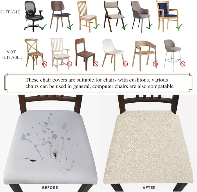 SearchI Water Repellent Seat Covers for Dining Chairs, 6 Pack Jacquard Stretch Dining Room Chair Seat Covers, Kitchen Chair Seat Covers Protectors(Beige Diamond)