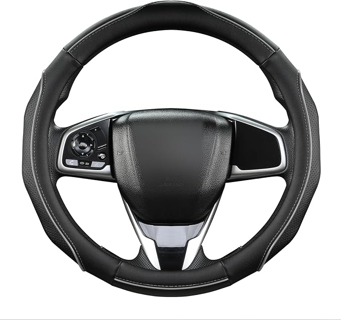 West Llama 3D Piping Leather Steering Wheel Cover for Honda Accord Civic CR-V HR-V Pilot Fit Passport Odyssey 14.5-15 inch(Black+Gray Line-Standrad Size)