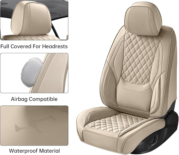 Car Seat Covers,Leather Front Seat Covers for Cars,Front Driver Seat Covers,Waterproof Car Seat Cushion Protectors,Universal Fit for Most Cars SUV Trucks (Beige, Front Seats)
