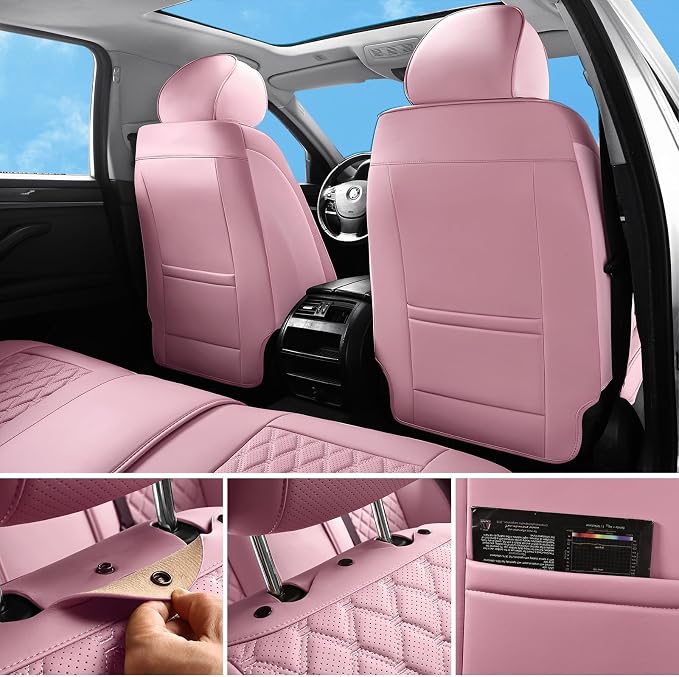 Car Seat Covers Full Set,5 Seat Leather Seat Covers for Cars,Front Seats and Back Seat Cover,Waterproof Car Seat Cushion Protectors,Universal Fit for Most Cars SUV Trucks (Pink, Full Set)