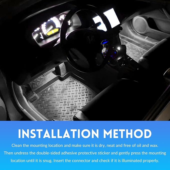 Car LED Strip Light, 12V 24 LEDs RGB Car Interior Atmosphere Lamp with USB Port, Vehicle Under Dash Floor Ambient Night Decorative Lighting Kit (White)