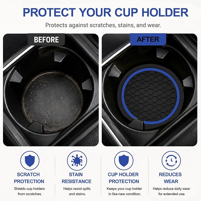 4PCS Car Cup Holder Coasters - 2.75 Inch Non-Slip Insert Water Bottle Holder Pads, Dustproof Automotive Interior Accessories Mat, Universal for Vehicles, Trucks, RVs (Blue)