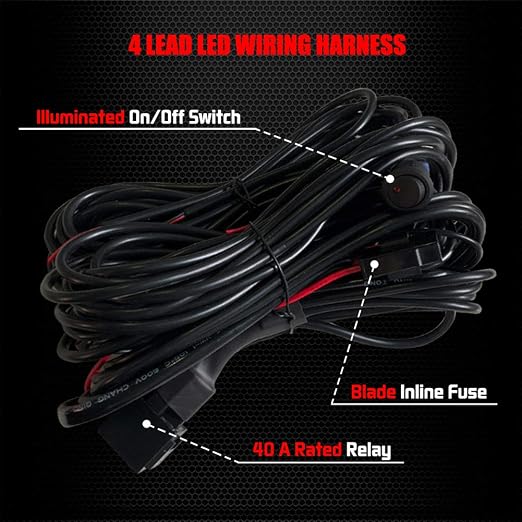 Ampper 4 Lead Wiring Harness for LED Rock Lights, LED Rock Light Pod Wiring Harness Kit with 2 Extension Wires, Relay, Fuse and Switch