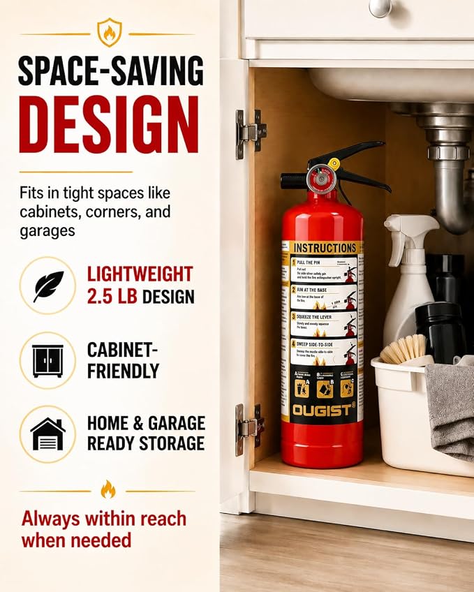 Ougist Essential Fire Extinguisher for Home, 1-A:10-B:C, DRY1L, 2 Pack | Residential multi-purpose extinguisher for small household, kitchen, garage and vehicle fires; 2.5 lb, dry chemical