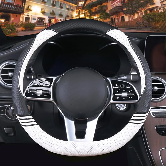 14 inch Cute Leather D Shape Steering Wheel Cover Black White | Breathable Faux Leather and Carbon Fiber Flat Bottom Car Accessories for Women Men Small 13.5 inch to 14 inch
