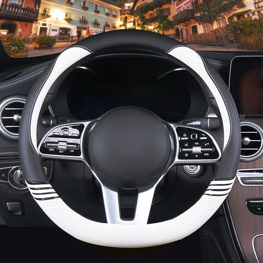 14 inch Cute Leather D Shape Steering Wheel Cover Black White | Breathable Faux Leather and Carbon Fiber Flat Bottom Car Accessories for Women Men Small 13.5 inch to 14 inch