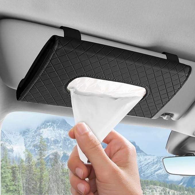 Wuyaoyao Car Tissue Holder, Auto Sun Visor Napkin Holder Mask Holder, Premium PU Leather Car Tissue Holder Visor Tissue Dispenser, Universal Sun Visor Tissue Box for Most Vehicle (Plaid-Black)