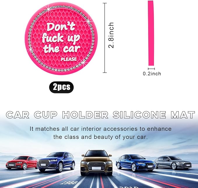 Ohleats Bling Car Cup Coaster, 2.75 Inch Non-Slip Don't Fuck Up My Car Please Cup Holder Insert Coaster, Crystal Rhinestone Auto Drink Cup Mat, Universal Car Accessories (Rose Red-4PCS)