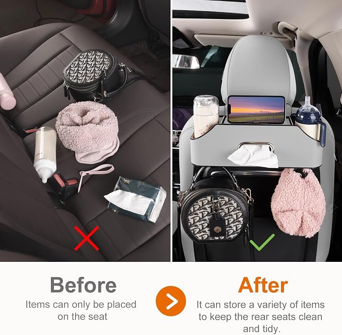 Car Rear Backseat Extra Multifunctional Drink Cup Holder Organizers with Tissue Storage Box Organizer & Hooks for Car Seat Back. Gray