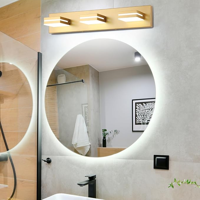 SineRise LED Modern Bathroom Vanity Light Fixtures (3-Light, 24-Inch, Dimmable), Matte Gold Modern Acrylic Bathroom Wall Lighting Fixtures Over Mirror (Cool White 6000K)