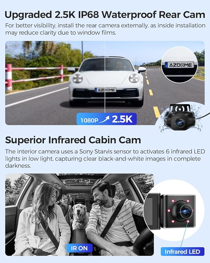 AZDOME M550 Max 4K 3 Channel Dash Cam, Dual STARVIS 2 Sensors, 4K+2.5K+1080P Front and Rear Inside Triple Car Camera, Built-in WiFi GPS, 64GB Card Included, IR Night Vision, for Cars Trucks SUV RVs