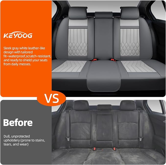 Universal 5-Seater Waterproof Breathable Nappa Leather Car Seat Covers Full Set, Compatible with Toyota Corolla Camry, Lexus LS400, Nissan Rogue, Fit Front Rear Seats Most Sedans SUV- Gray